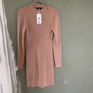 Elegant Tan Ribbed Knit Dress